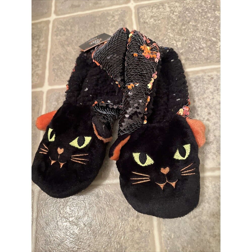 Hyde and EEK Women's Cat Flip Sequin Halloween Slipper Socks Grippers M-L 8-10